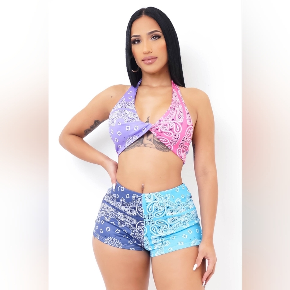 NEW! Colorful Bandana Print Halter Top and Shorts Set